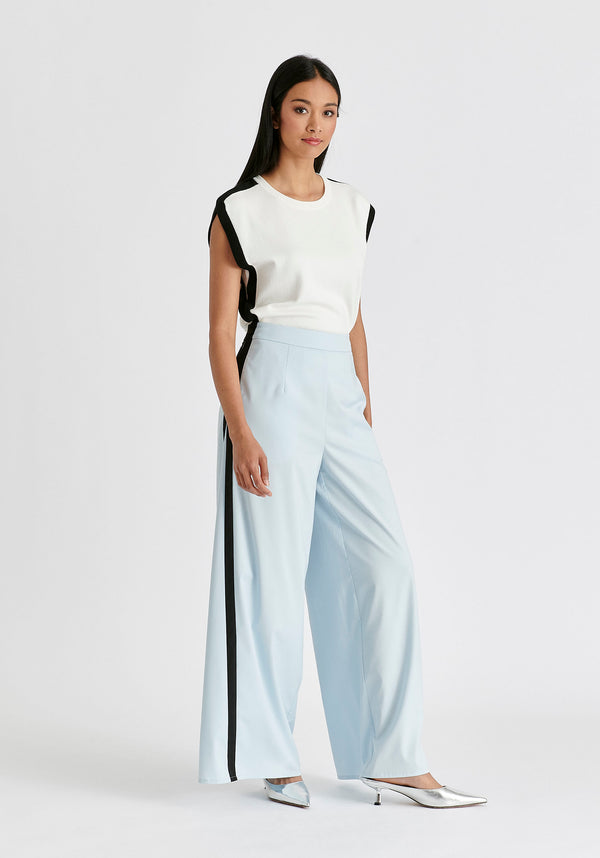 Contrast Trim Wide Leg Trousers in Light Blue and Black Side